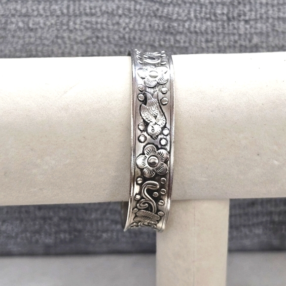 Floral Bird Cuff Bracelet Artisan-Created White Copper and Zinc Oxidized - Picture 2 of 11